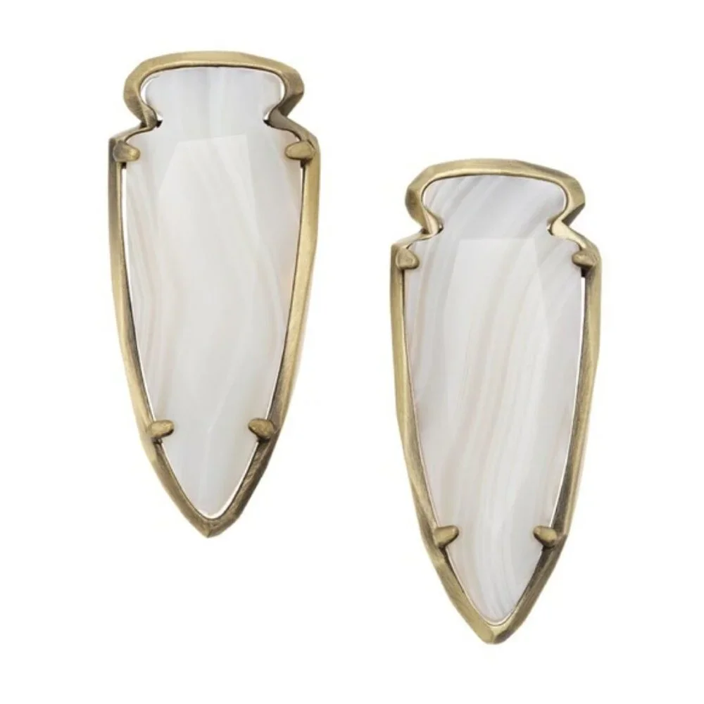 NWT [Kendra Scott] Kathryn Large Stud Geometric Earrings in White Banded Agate - Picture 3 of 11